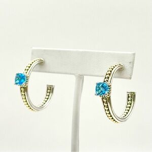 Lagos Caviar Two Tone Large Swiss Blue Topaz Hoop Earrings